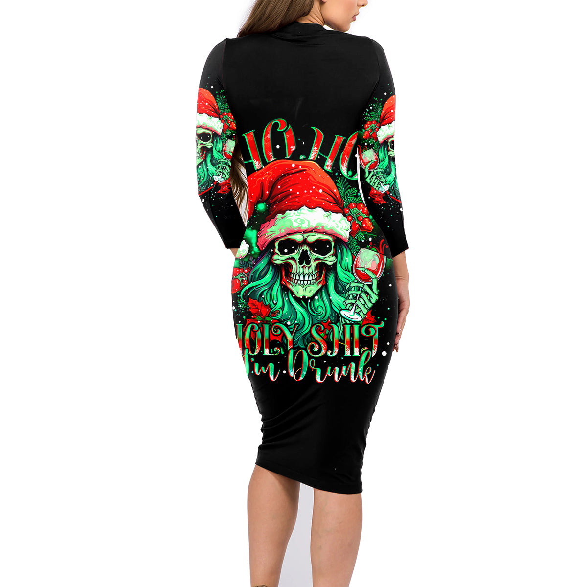 Christmas Skull Family Matching Long Sleeve Bodycon Dress and Hawaiian Shirt Ho Ho Holy Shit I'm Drink - Wonder Print Shop