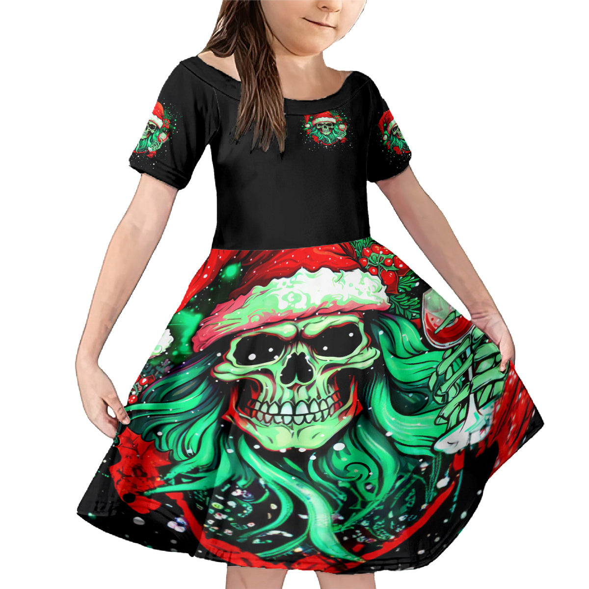 Christmas Skull Family Matching Mermaid Dress and Hawaiian Shirt Ho Ho Holy Shit I'm Drink - Wonder Print Shop