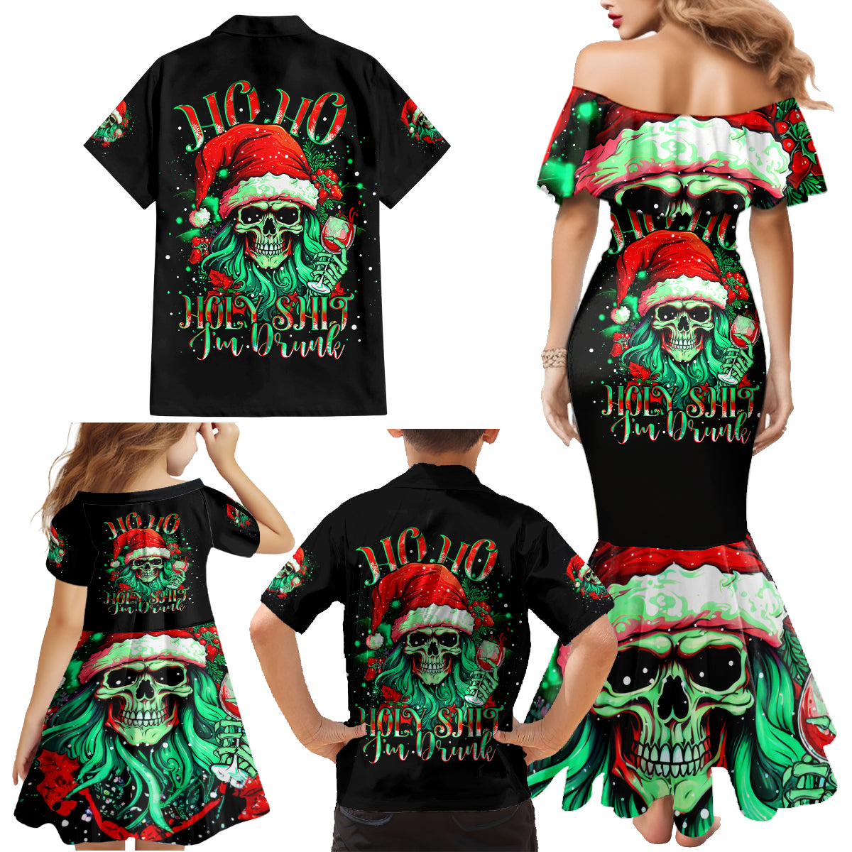 Christmas Skull Family Matching Mermaid Dress and Hawaiian Shirt Ho Ho Holy Shit I'm Drink - Wonder Print Shop