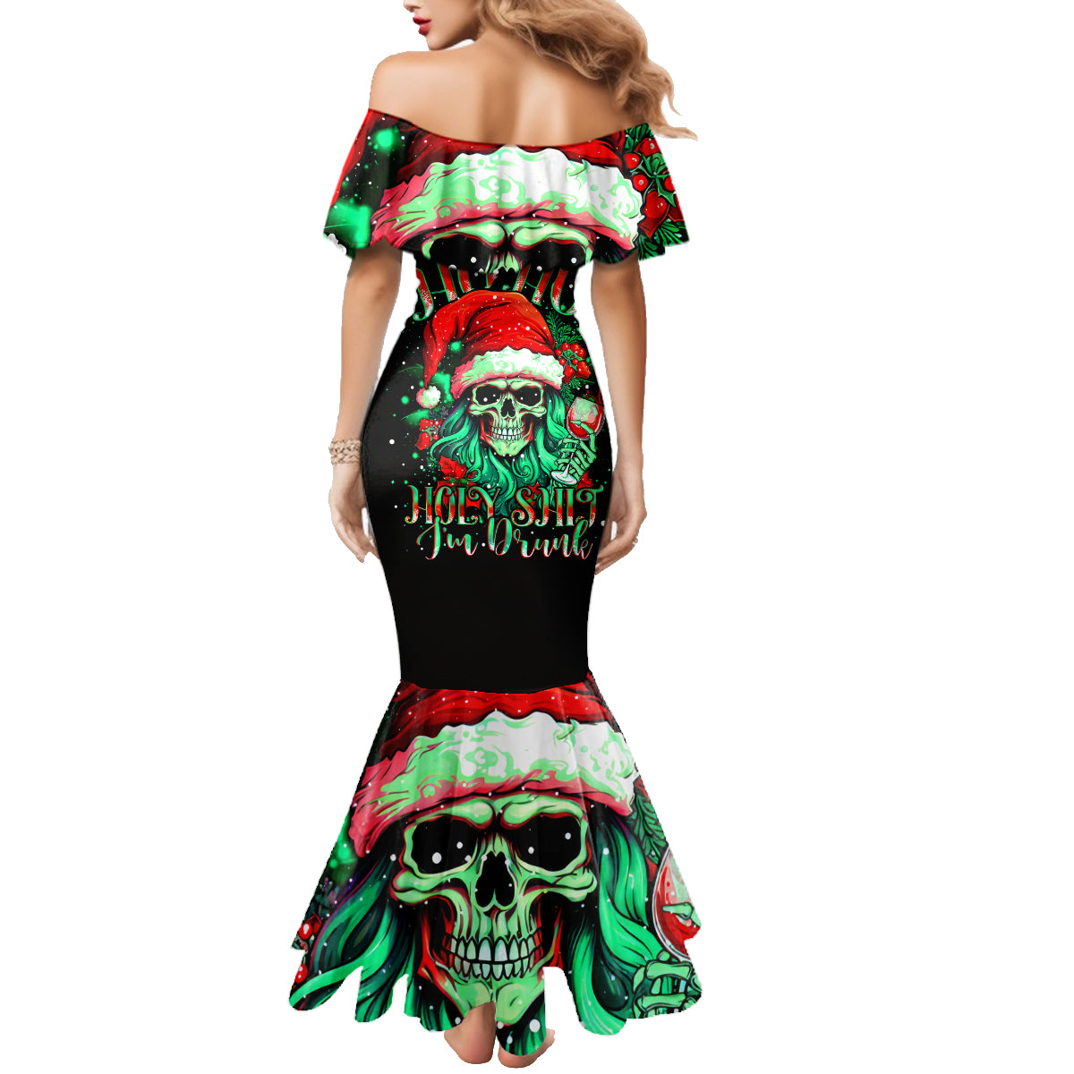 Christmas Skull Family Matching Mermaid Dress and Hawaiian Shirt Ho Ho Holy Shit I'm Drink - Wonder Print Shop