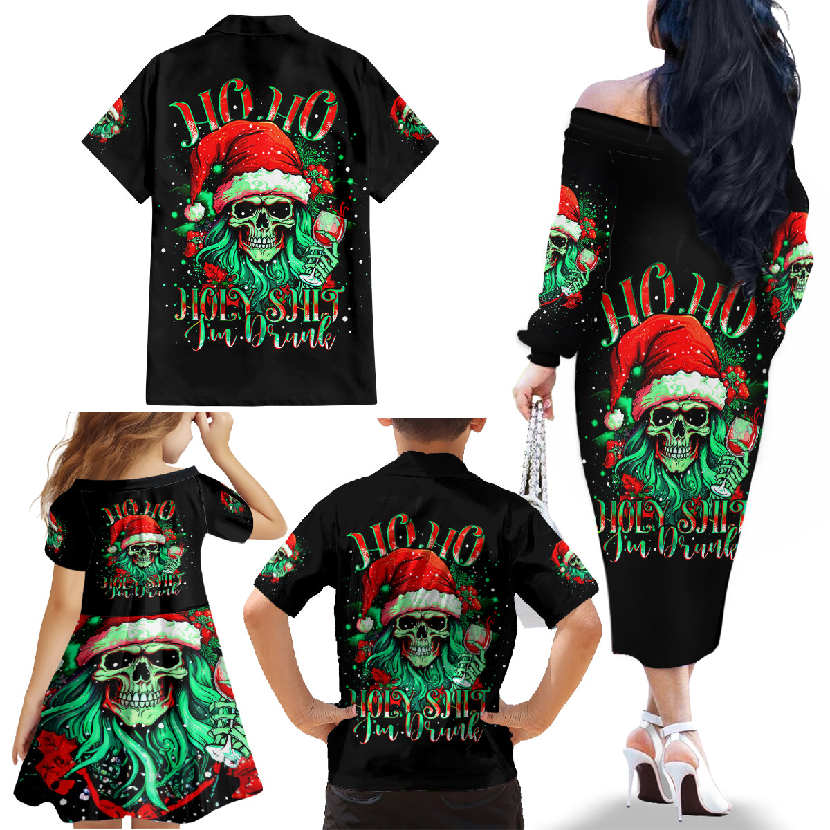 Christmas Skull Family Matching Off Shoulder Long Sleeve Dress and Hawaiian Shirt Ho Ho Holy Shit I'm Drink - Wonder Print Shop