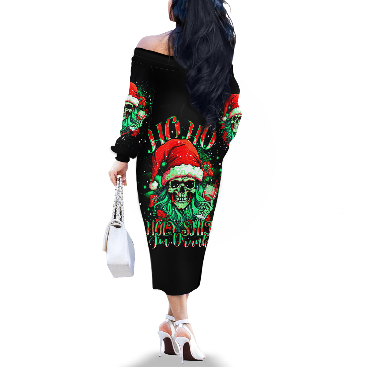 Christmas Skull Family Matching Off Shoulder Long Sleeve Dress and Hawaiian Shirt Ho Ho Holy Shit I'm Drink - Wonder Print Shop