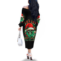 Christmas Skull Family Matching Off Shoulder Long Sleeve Dress and Hawaiian Shirt Ho Ho Holy Shit I'm Drink - Wonder Print Shop