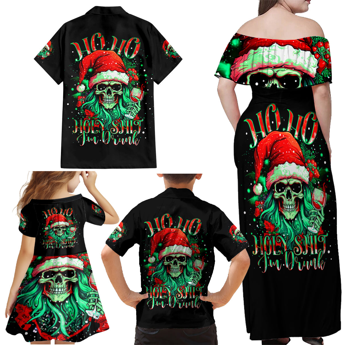 Christmas Skull Family Matching Off Shoulder Maxi Dress and Hawaiian Shirt Ho Ho Holy Shit I'm Drink - Wonder Print Shop