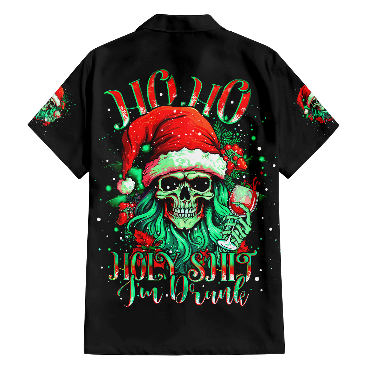 Christmas Skull Family Matching Off Shoulder Maxi Dress and Hawaiian Shirt Ho Ho Holy Shit I'm Drink - Wonder Print Shop