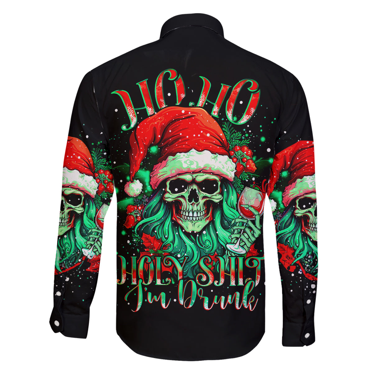 Christmas Skull Family Matching Off Shoulder Maxi Dress and Hawaiian Shirt Ho Ho Holy Shit I'm Drink - Wonder Print Shop
