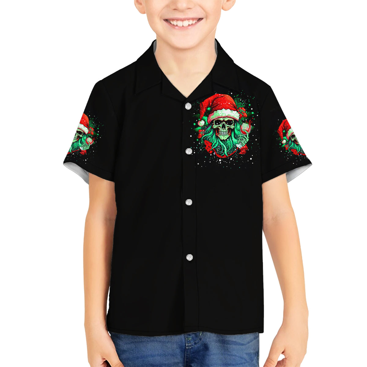 Christmas Skull Family Matching Off Shoulder Maxi Dress and Hawaiian Shirt Ho Ho Holy Shit I'm Drink - Wonder Print Shop