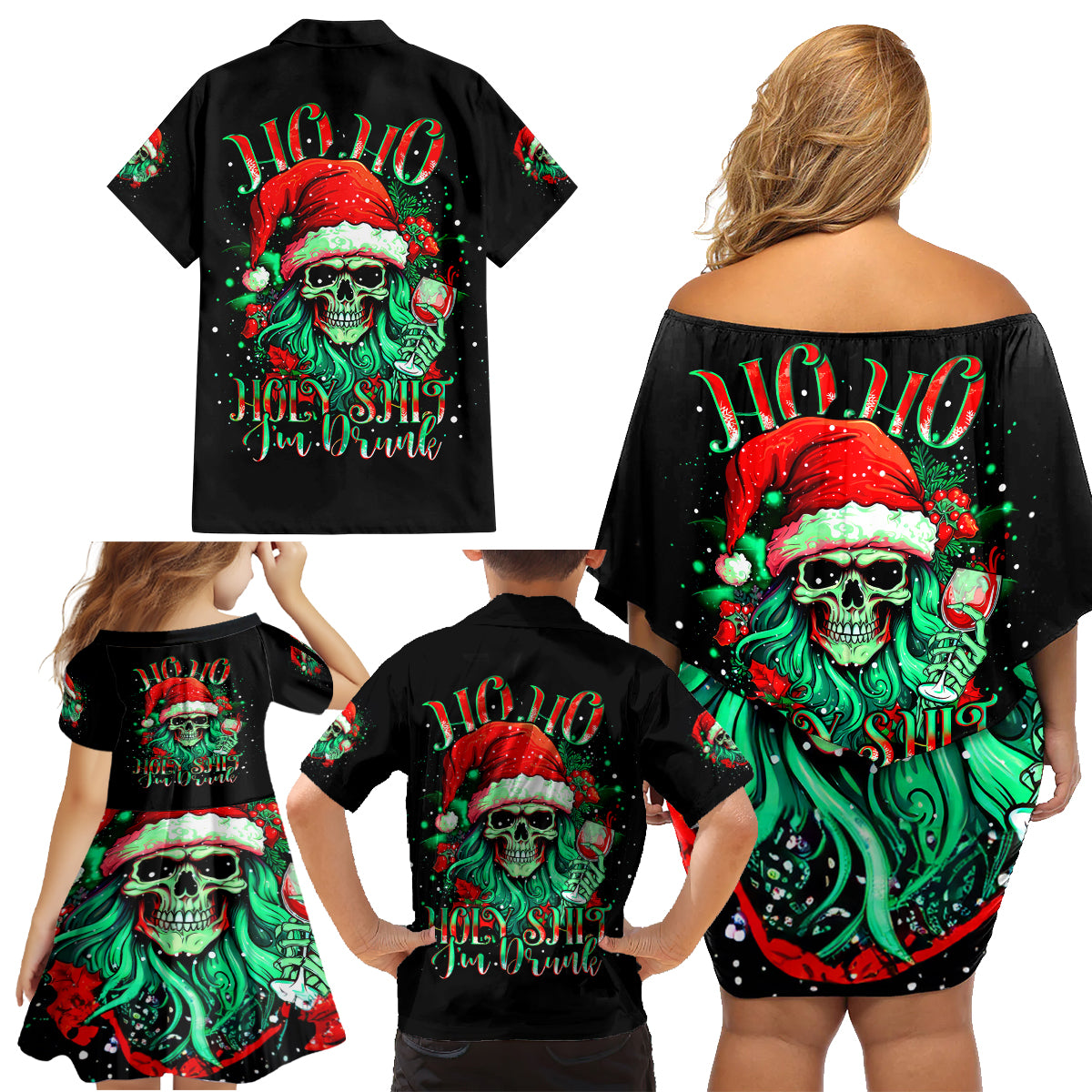 Christmas Skull Family Matching Off Shoulder Short Dress and Hawaiian Shirt Ho Ho Holy Shit I'm Drink - Wonder Print Shop