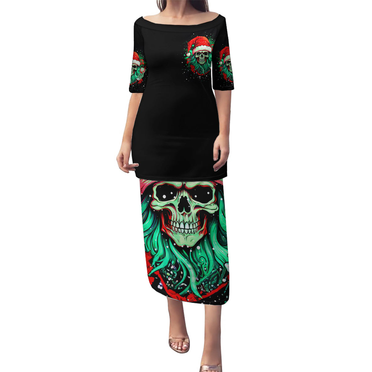 Christmas Skull Family Matching Puletasi Dress and Hawaiian Shirt Ho Ho Holy Shit I'm Drink - Wonder Print Shop