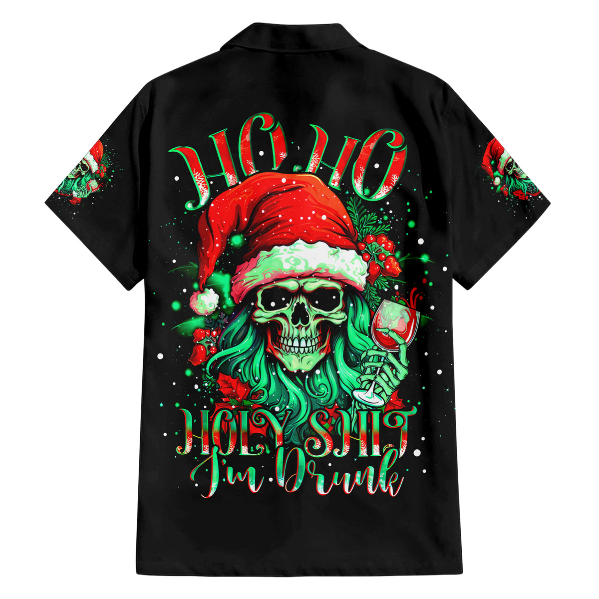 Christmas Skull Family Matching Short Sleeve Bodycon Dress and Hawaiian Shirt Ho Ho Holy Shit I'm Drink - Wonder Print Shop