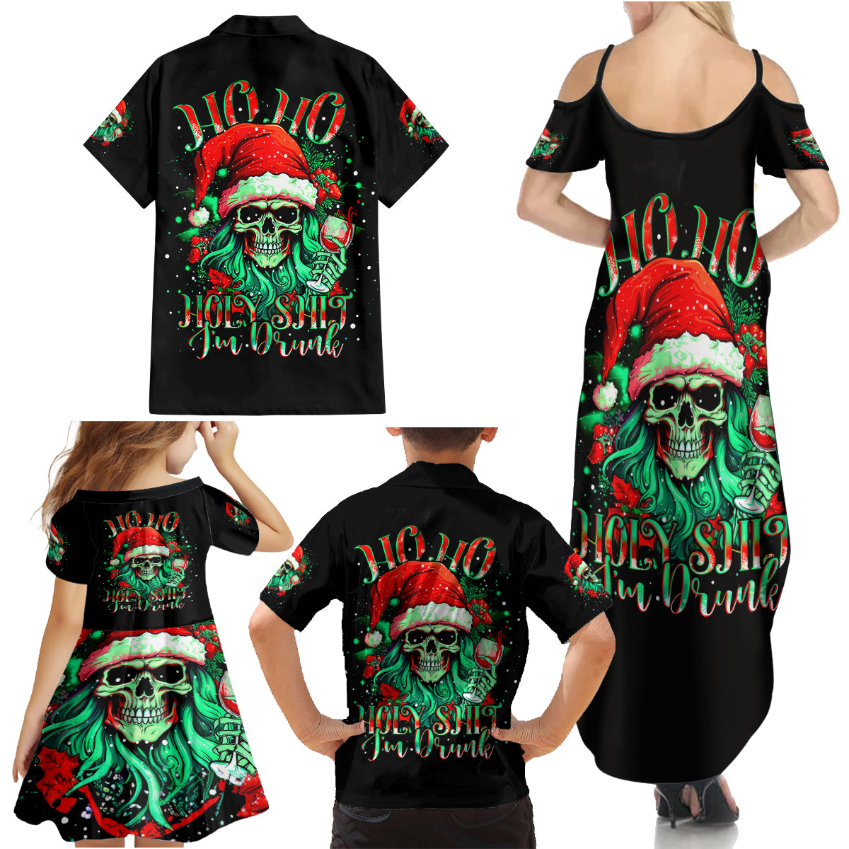 Christmas Skull Family Matching Summer Maxi Dress and Hawaiian Shirt Ho Ho Holy Shit I'm Drink - Wonder Print Shop