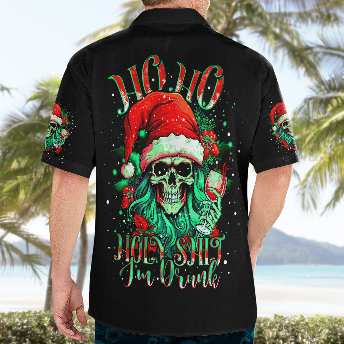 Christmas Skull Hawaiian Shirt Ho Ho Holy Shit I'm Drink - Wonder Print Shop