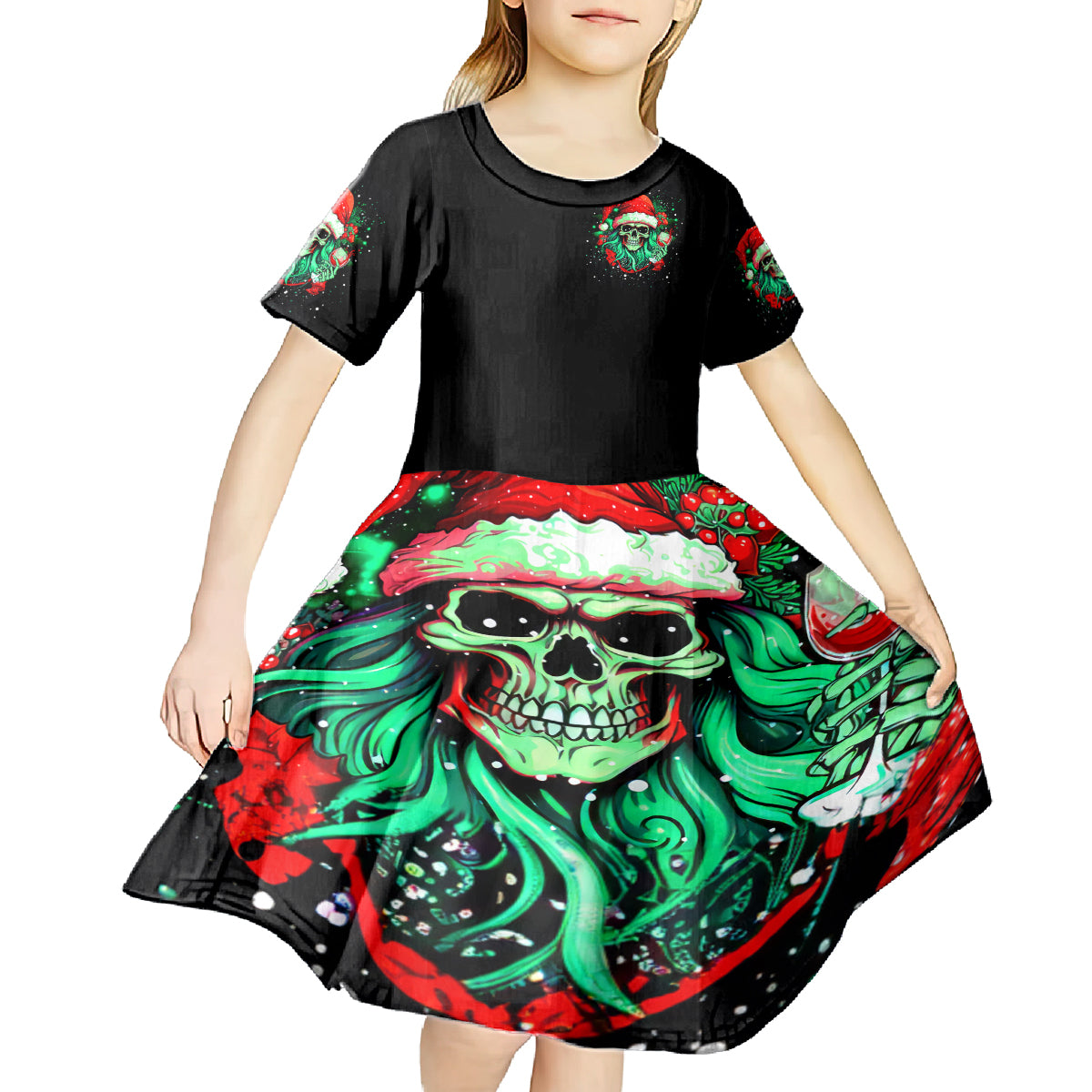 Christmas Skull Kid Short Sleeve Dress Ho Ho Holy Shit I'm Drink - Wonder Print Shop