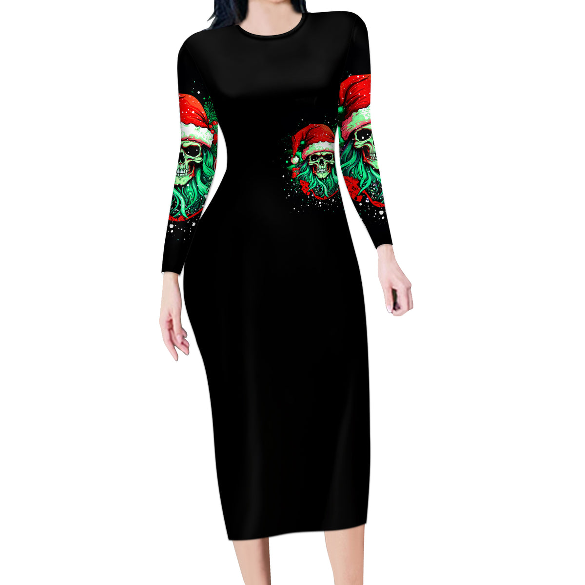 Christmas Skull Long Sleeve Bodycon Dress Ho Ho Holy Shit I'm Drink - Wonder Print Shop