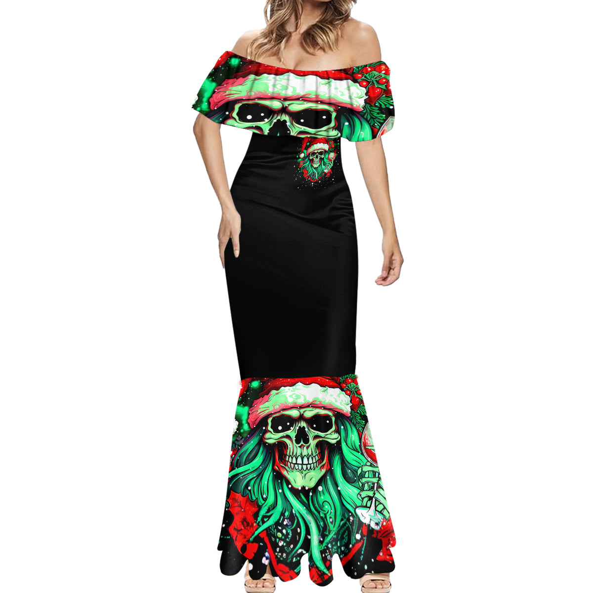 Christmas Skull Mermaid Dress Ho Ho Holy Shit I'm Drink - Wonder Print Shop
