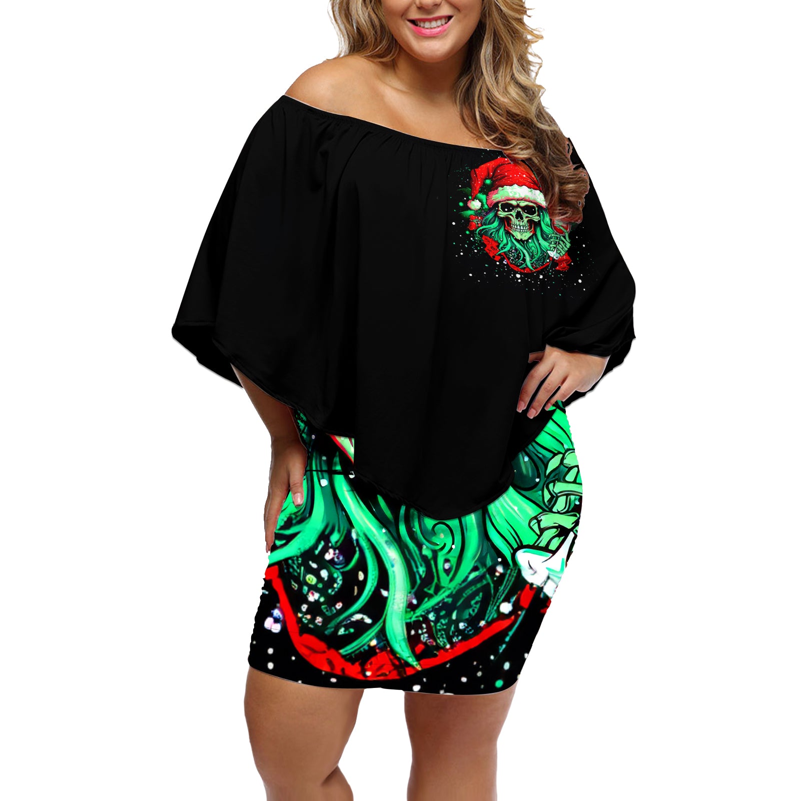 Christmas Skull Off Shoulder Short Dress Ho Ho Holy Shit I'm Drink - Wonder Print Shop
