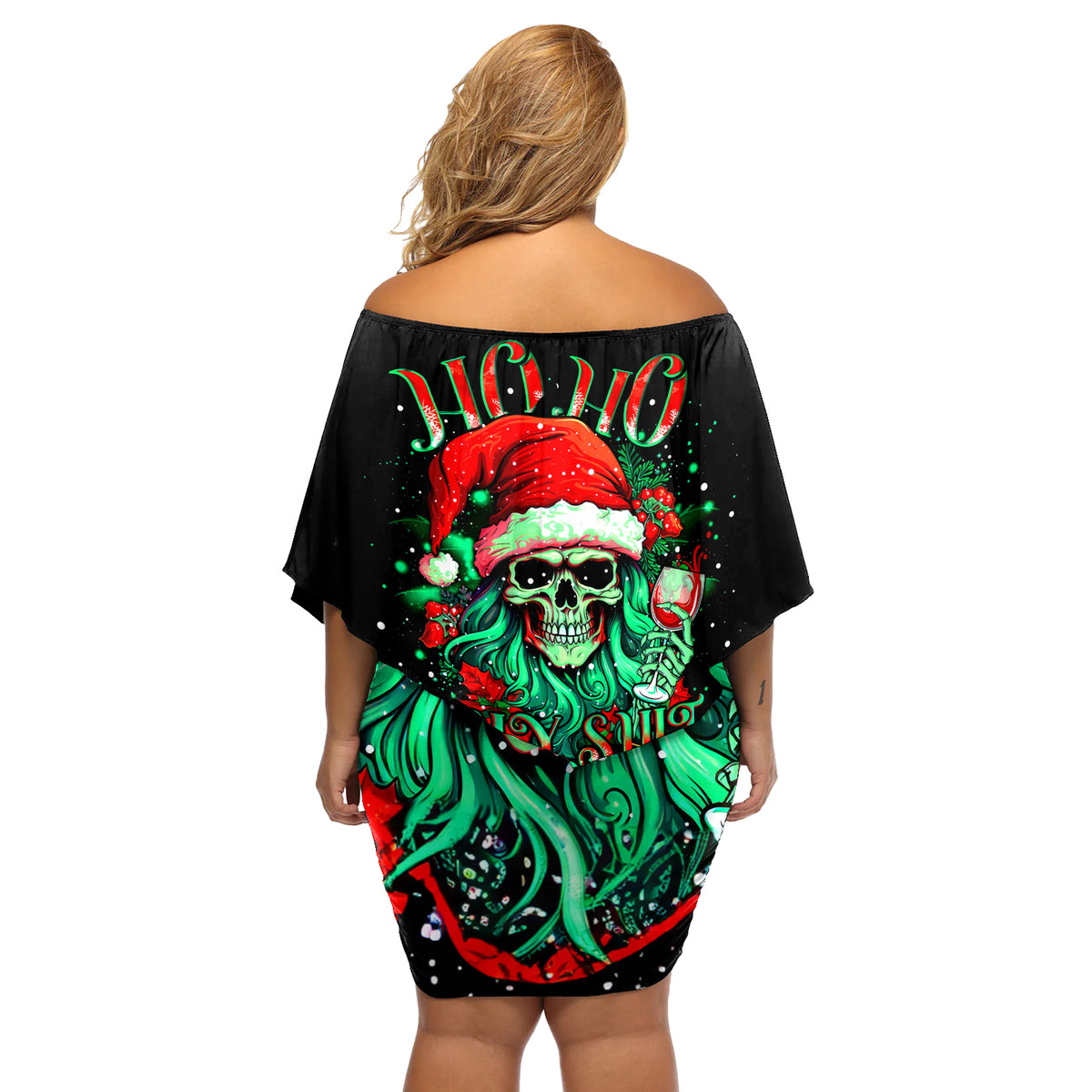 Christmas Skull Off Shoulder Short Dress Ho Ho Holy Shit I'm Drink - Wonder Print Shop