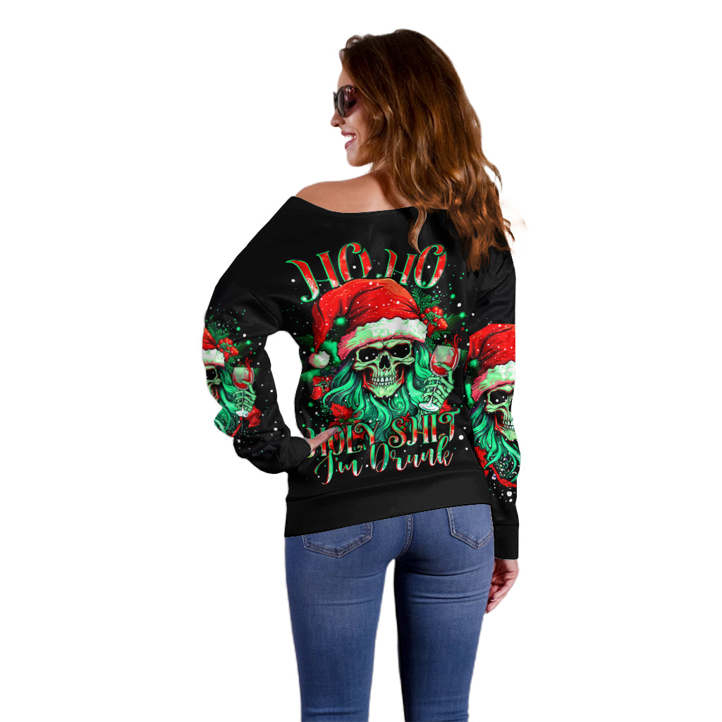 Christmas Skull Off Shoulder Sweater Ho Ho Holy Shit I'm Drink - Wonder Print Shop
