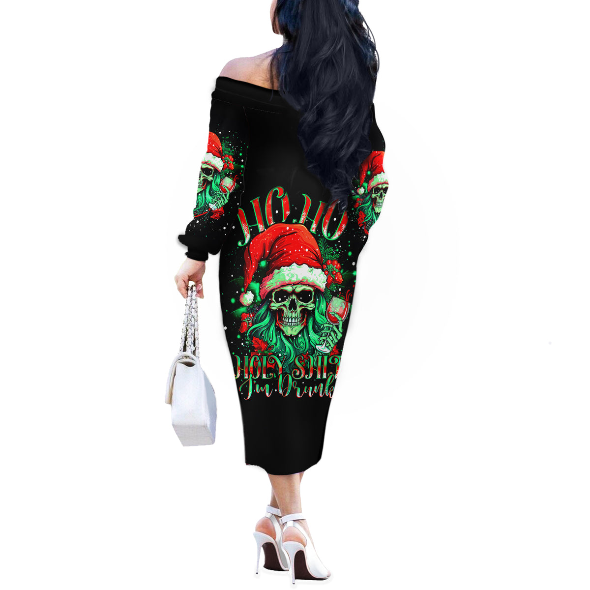 Christmas Skull Off The Shoulder Long Sleeve Dress Ho Ho Holy Shit I'm Drink - Wonder Print Shop