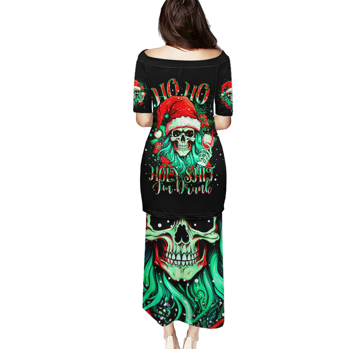 Christmas Skull Puletasi Ho Ho Holy Shit I'm Drink - Wonder Print Shop