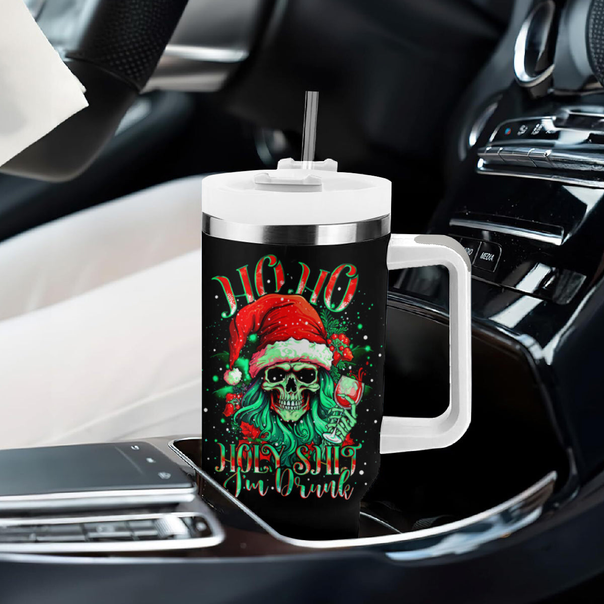 Christmas Skull Tumbler With Handle Ho Ho Holy Shit I'm Drink - Wonder Print Shop
