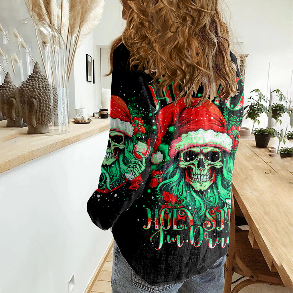 Christmas Skull Women Casual Shirt Ho Ho Holy Shit I'm Drink - Wonder Print Shop