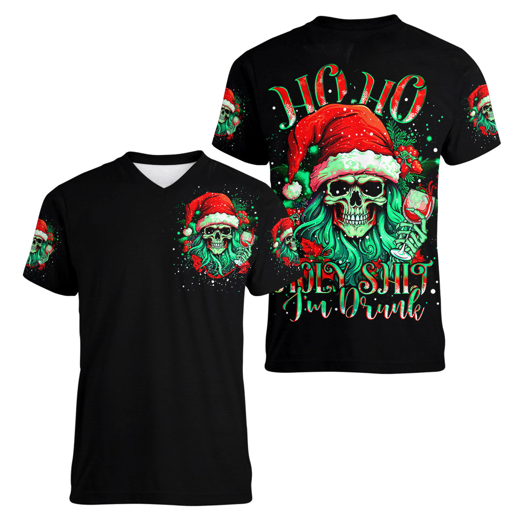 Christmas Skull Women V Neck T Shirt Ho Ho Holy Shit I'm Drink - Wonder Print Shop
