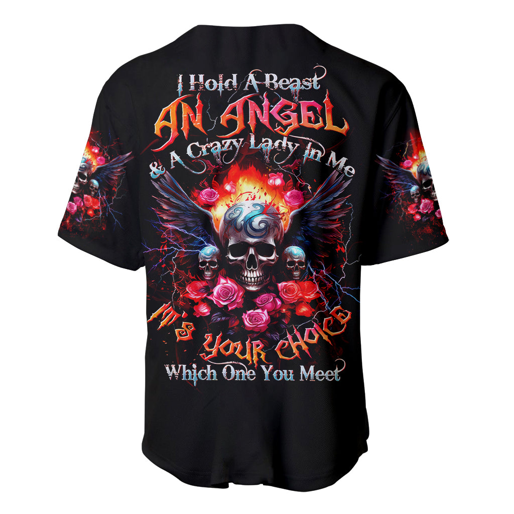 Rose Skull Baseball Jersey I Hold A Beast A Angel And A Crazy Lady In Me - Wonder Print Shop
