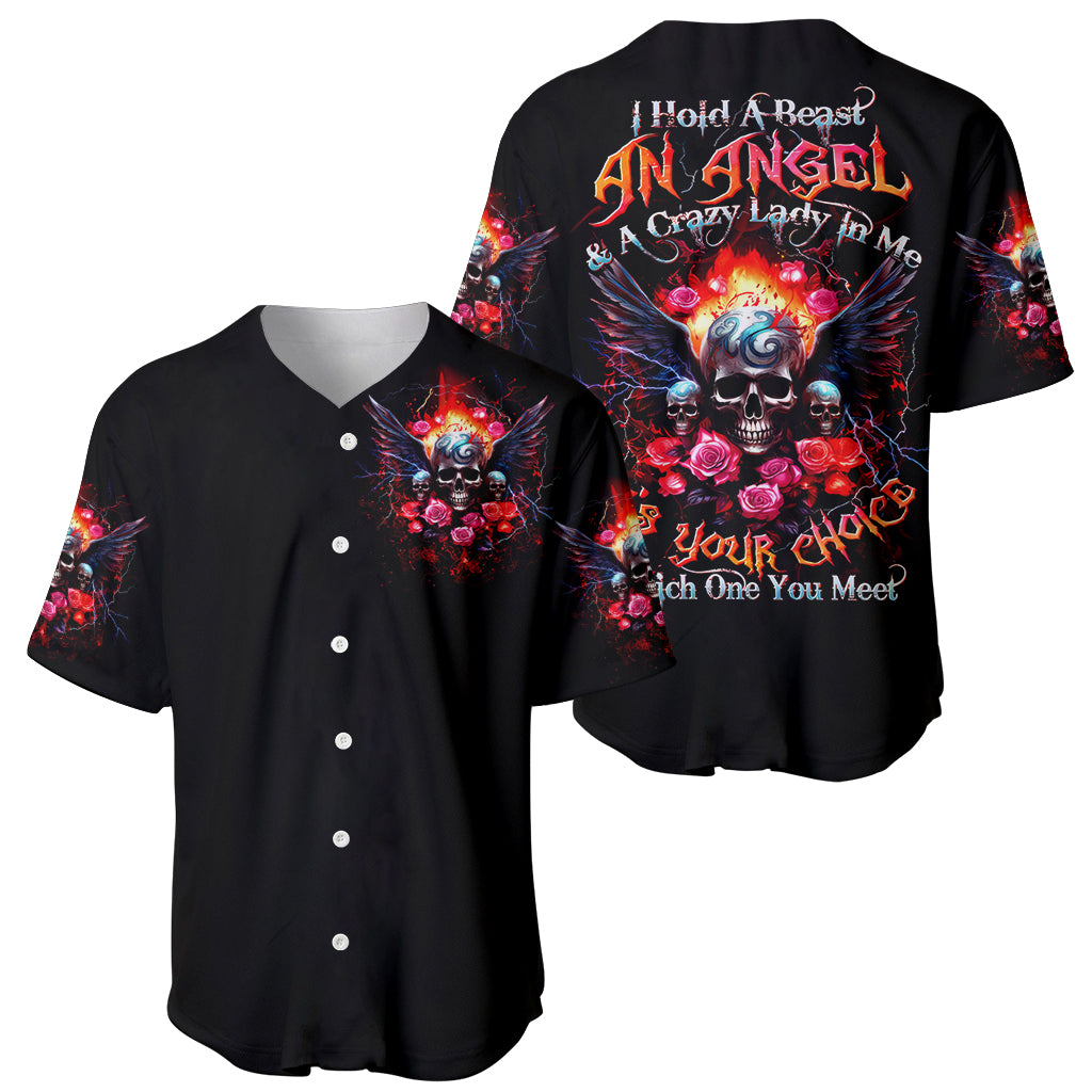 Rose Skull Baseball Jersey I Hold A Beast A Angel And A Crazy Lady In Me - Wonder Print Shop