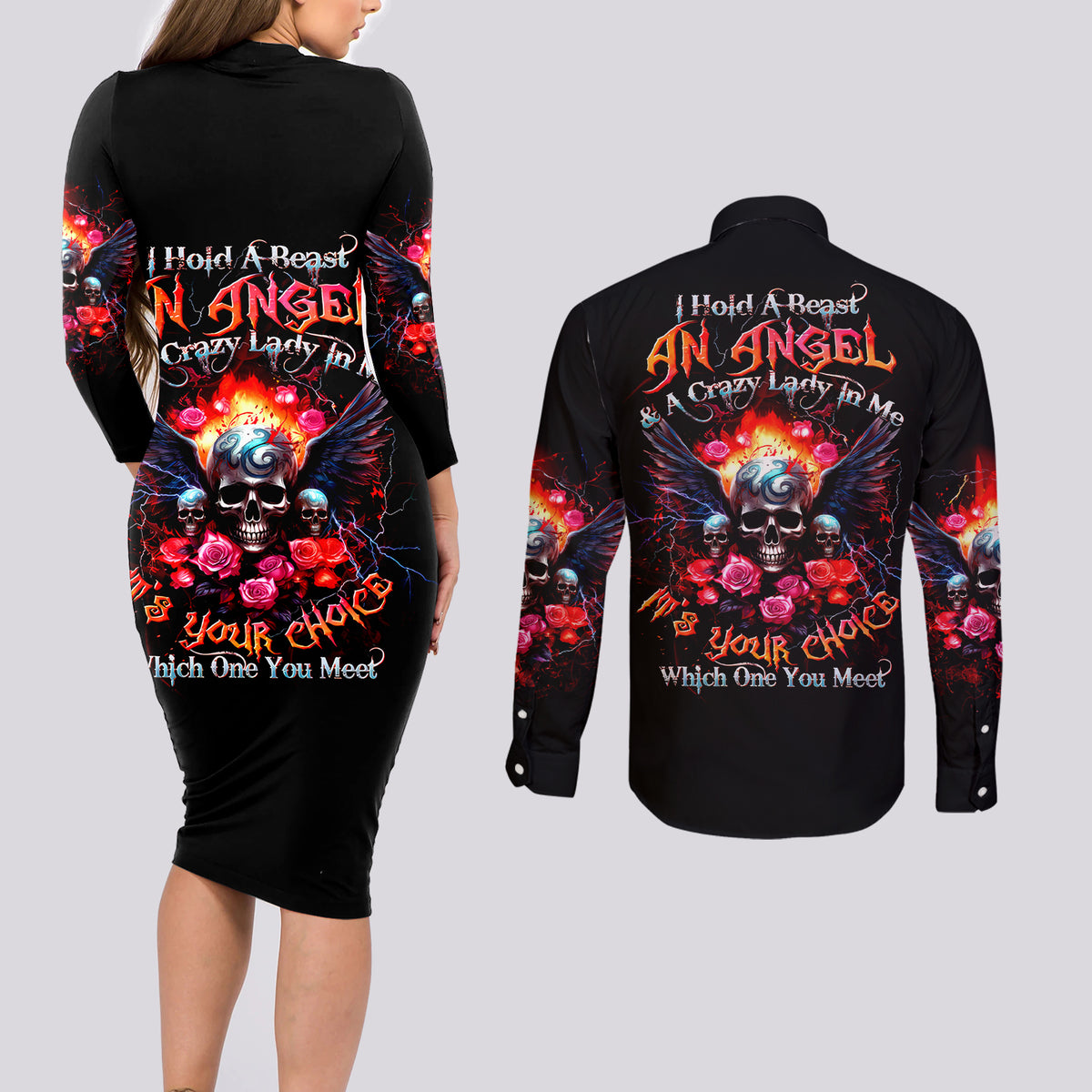 Rose Skull Couples Matching Long Sleeve Bodycon Dress and Long Sleeve Button Shirt I Hold A Beast A Angel And A Crazy Lady In Me - Wonder Print Shop