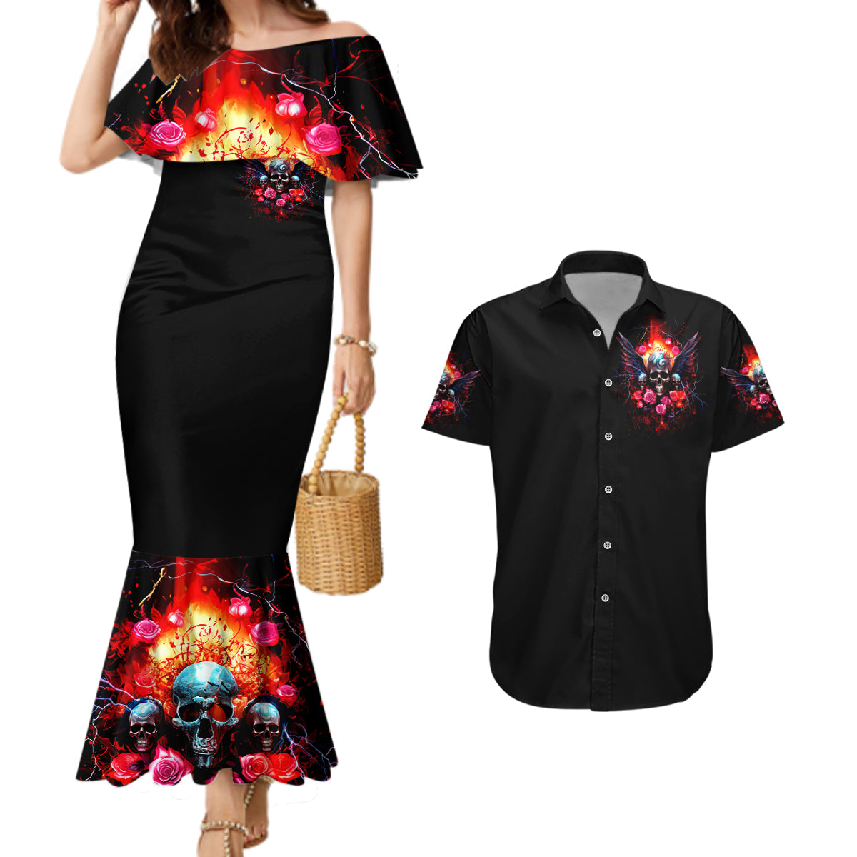 Rose Skull Couples Matching Mermaid Dress and Hawaiian Shirt I Hold A Beast A Angel And A Crazy Lady In Me - Wonder Print Shop