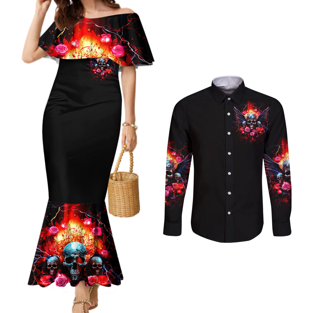 rose-skull-couples-matching-mermaid-dress-and-long-sleeve-button-shirt-i-hold-a-beast-a-angel-and-a-crazy-lady-in-me