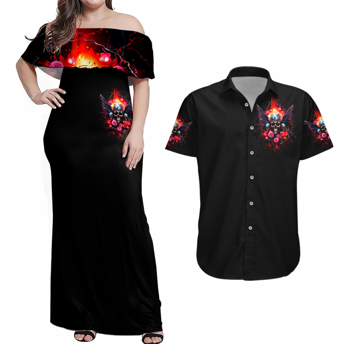 Rose Skull Couples Matching Off Shoulder Maxi Dress and Hawaiian Shirt I Hold A Beast A Angel And A Crazy Lady In Me - Wonder Print Shop