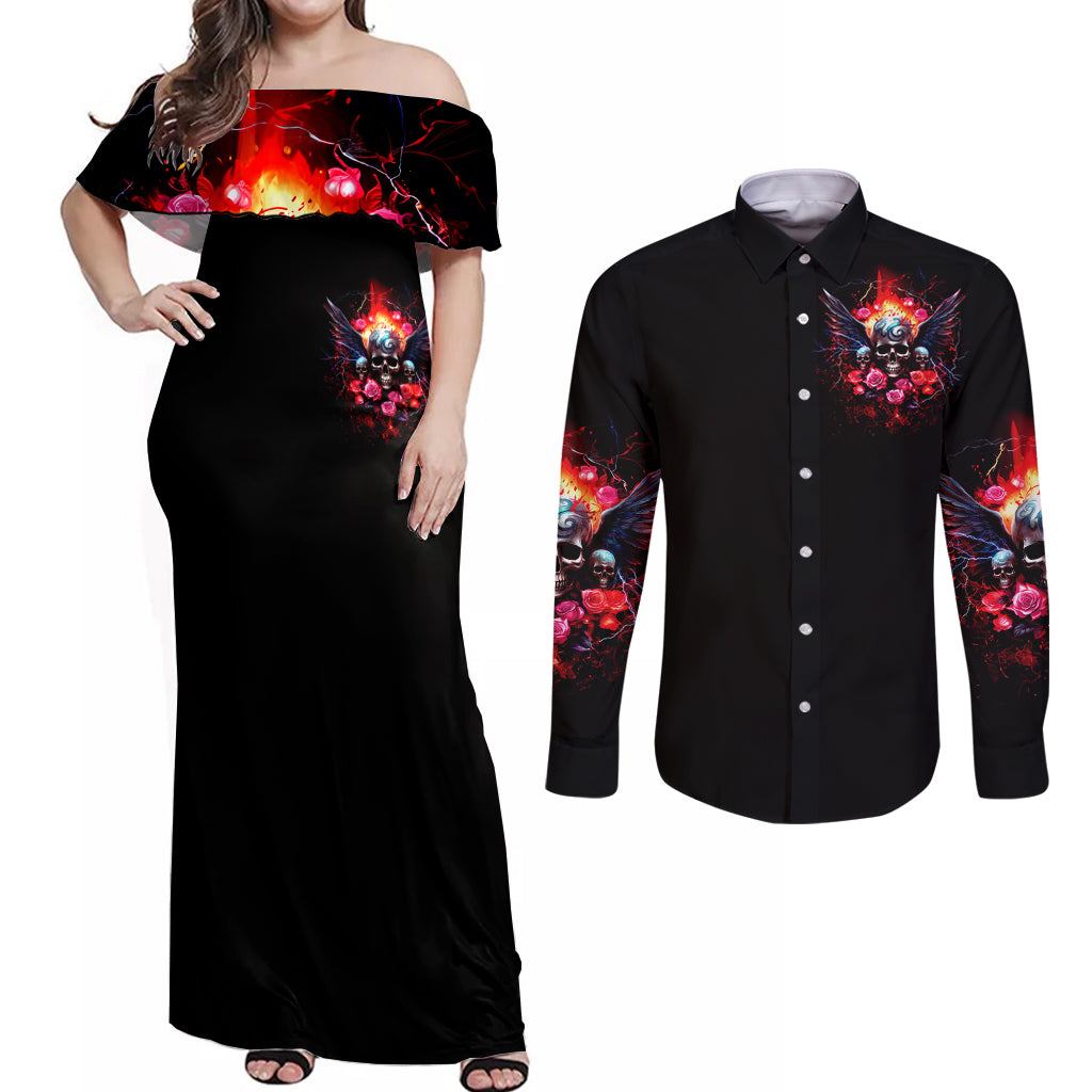 Rose Skull Couples Matching Off Shoulder Maxi Dress and Long Sleeve Button Shirt I Hold A Beast A Angel And A Crazy Lady In Me - Wonder Print Shop