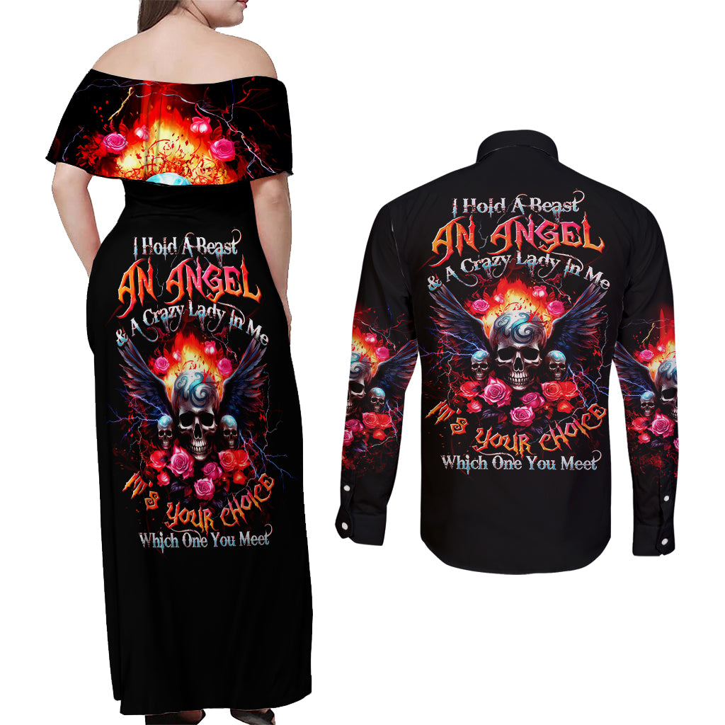 Rose Skull Couples Matching Off Shoulder Maxi Dress and Long Sleeve Button Shirt I Hold A Beast A Angel And A Crazy Lady In Me - Wonder Print Shop