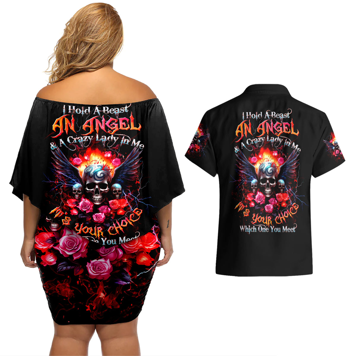 Rose Skull Couples Matching Off Shoulder Short Dress and Hawaiian Shirt I Hold A Beast A Angel And A Crazy Lady In Me - Wonder Print Shop