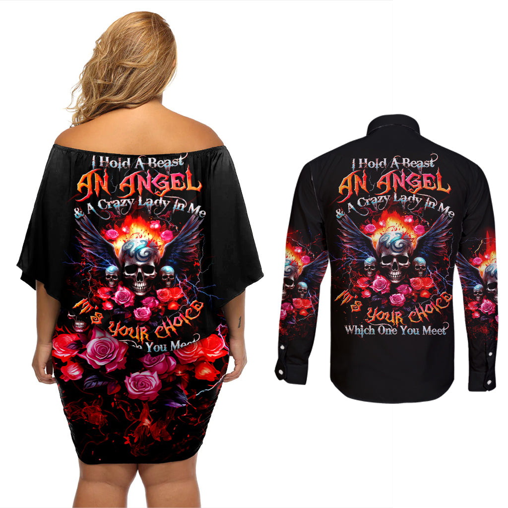 Rose Skull Couples Matching Off Shoulder Short Dress and Long Sleeve Button Shirt I Hold A Beast A Angel And A Crazy Lady In Me - Wonder Print Shop
