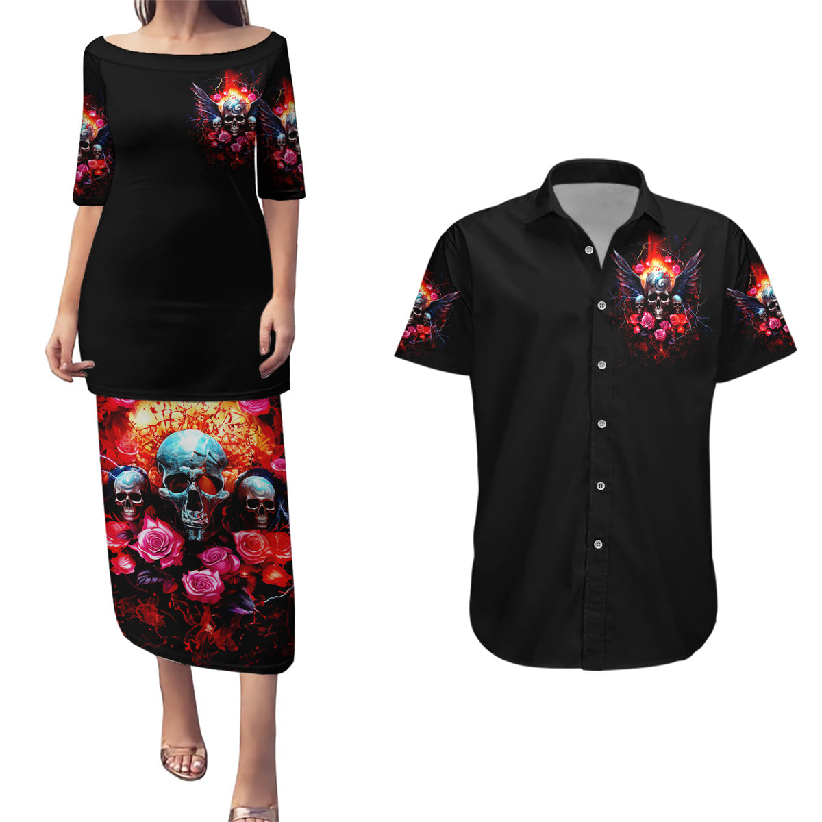 Rose Skull Couples Matching Puletasi Dress and Hawaiian Shirt I Hold A Beast A Angel And A Crazy Lady In Me - Wonder Print Shop