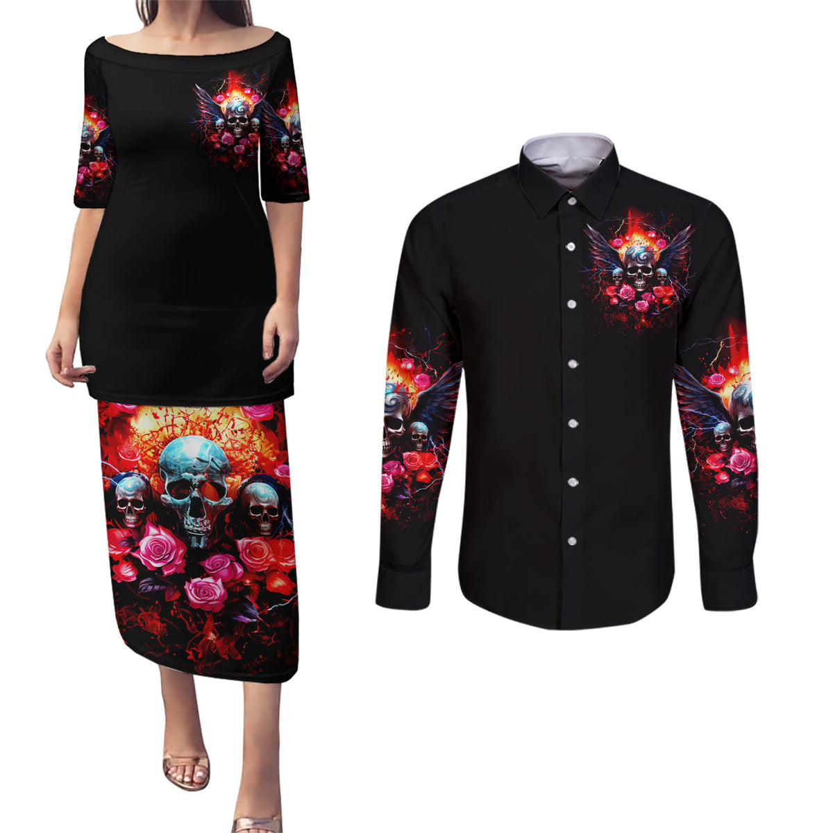 Rose Skull Couples Matching Puletasi Dress and Long Sleeve Button Shirt I Hold A Beast A Angel And A Crazy Lady In Me - Wonder Print Shop