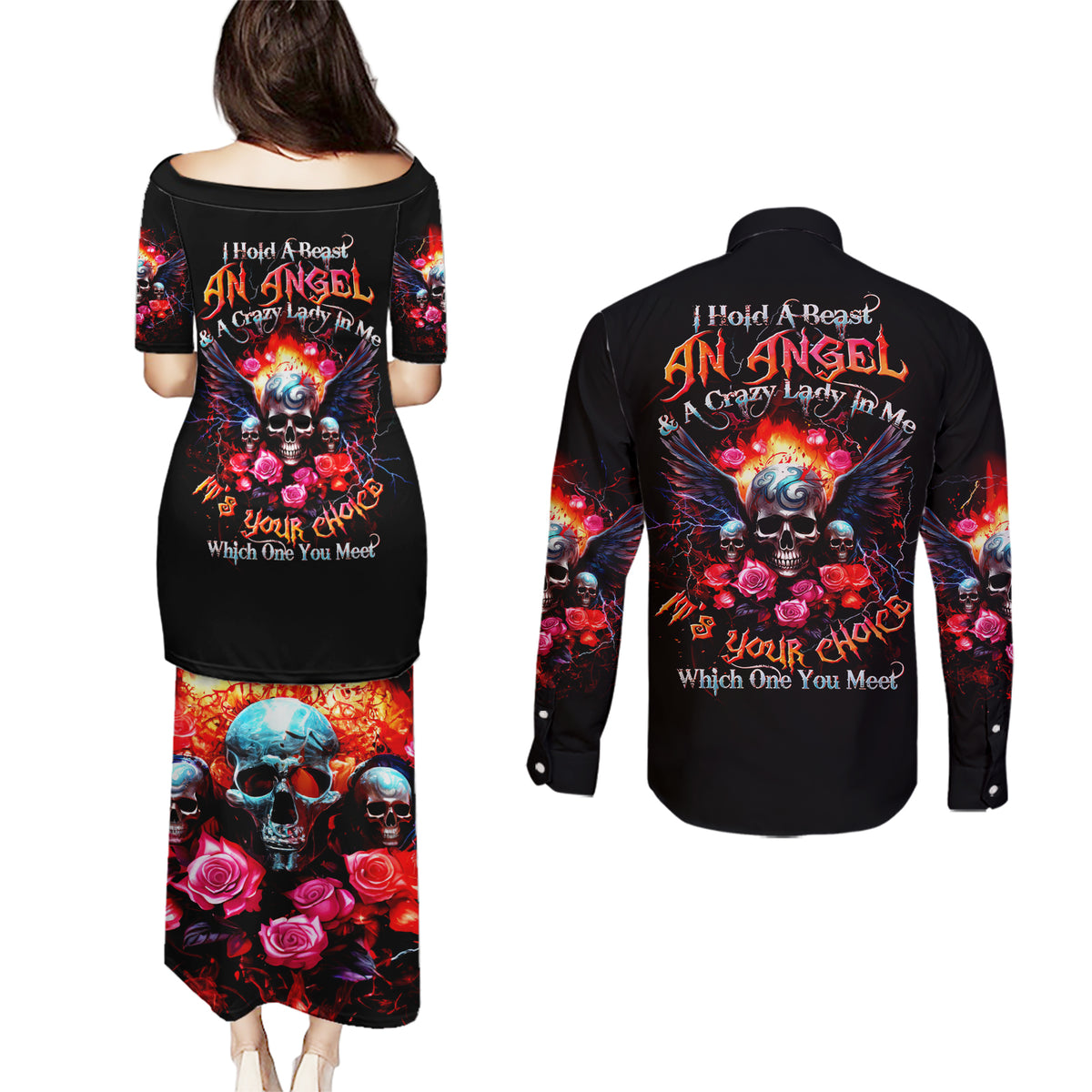 Rose Skull Couples Matching Puletasi Dress and Long Sleeve Button Shirt I Hold A Beast A Angel And A Crazy Lady In Me - Wonder Print Shop