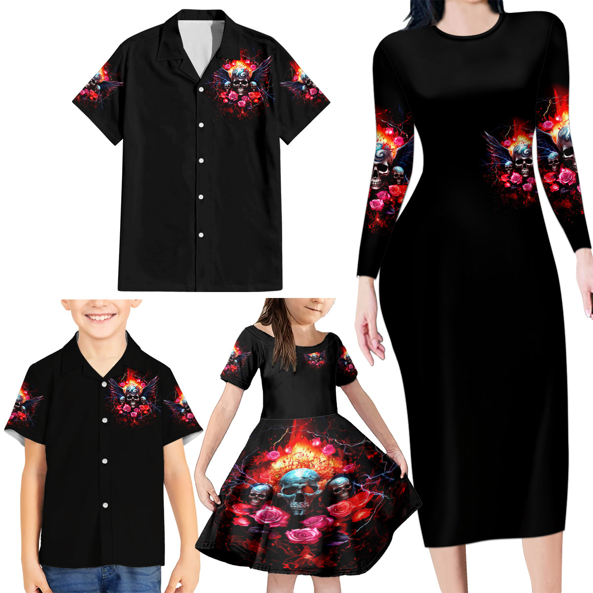 Rose Skull Family Matching Long Sleeve Bodycon Dress and Hawaiian Shirt I Hold A Beast A Angel And A Crazy Lady In Me - Wonder Print Shop
