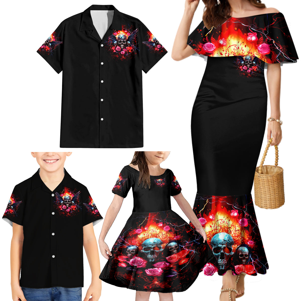Rose Skull Family Matching Mermaid Dress and Hawaiian Shirt I Hold A Beast A Angel And A Crazy Lady In Me - Wonder Print Shop