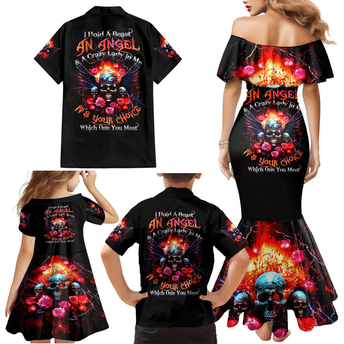Rose Skull Family Matching Mermaid Dress and Hawaiian Shirt I Hold A Beast A Angel And A Crazy Lady In Me - Wonder Print Shop