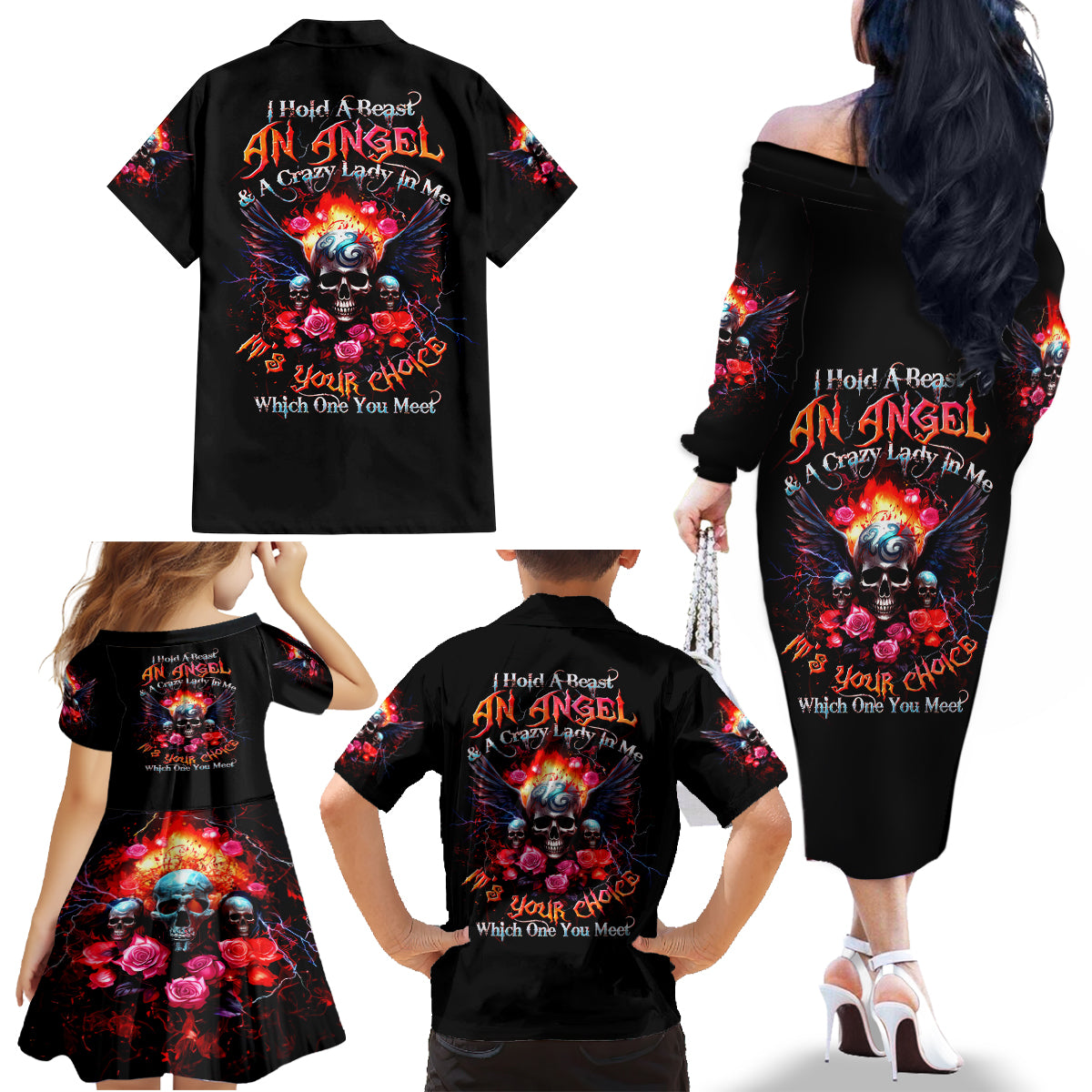 Rose Skull Family Matching Off Shoulder Long Sleeve Dress and Hawaiian Shirt I Hold A Beast A Angel And A Crazy Lady In Me - Wonder Print Shop