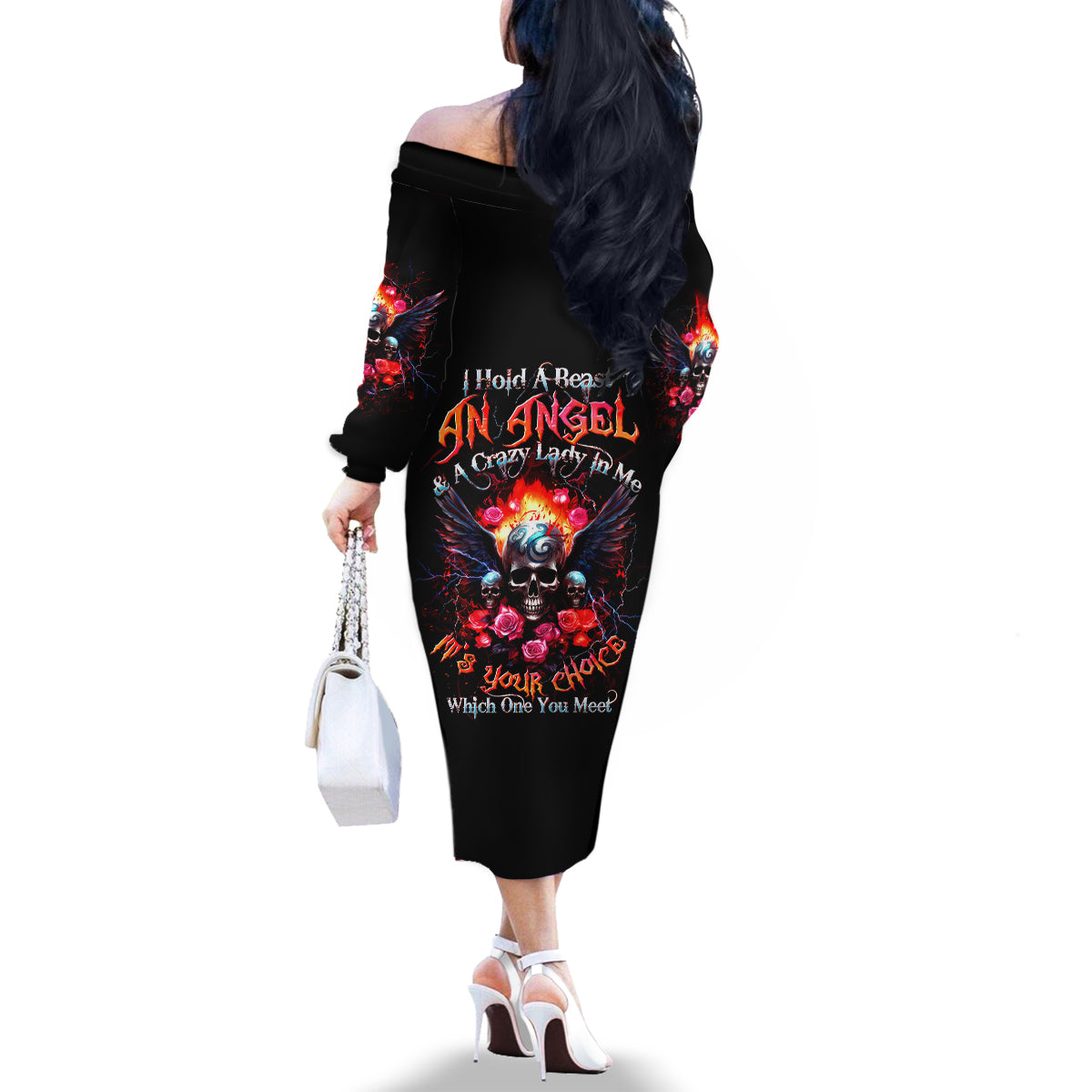 Rose Skull Family Matching Off Shoulder Long Sleeve Dress and Hawaiian Shirt I Hold A Beast A Angel And A Crazy Lady In Me - Wonder Print Shop