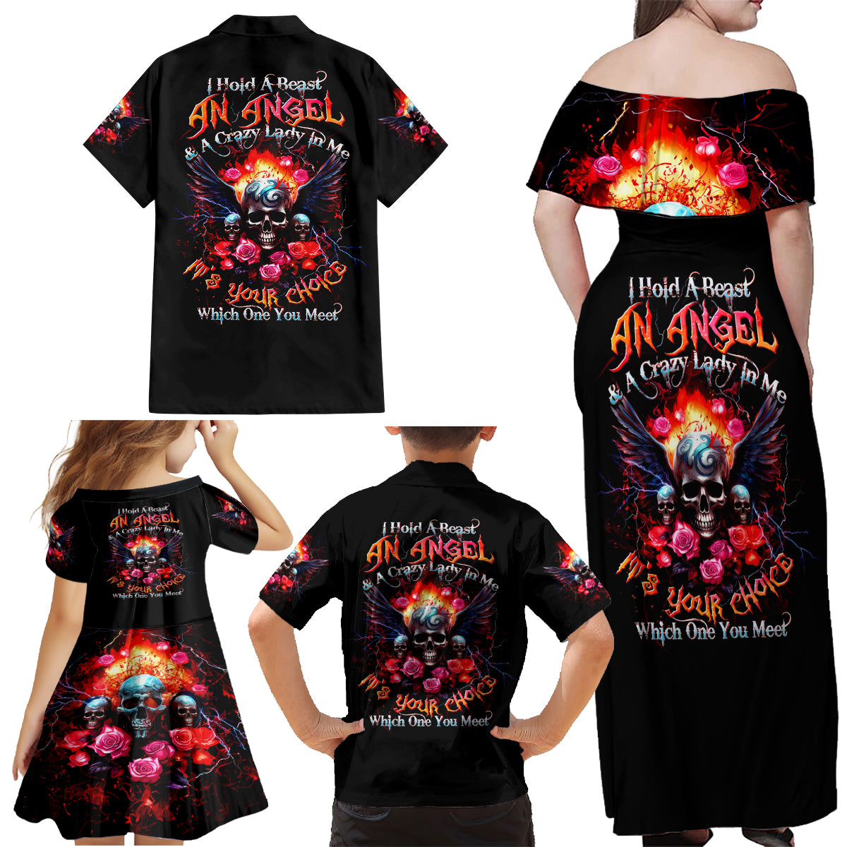 Rose Skull Family Matching Off Shoulder Maxi Dress and Hawaiian Shirt I Hold A Beast A Angel And A Crazy Lady In Me - Wonder Print Shop