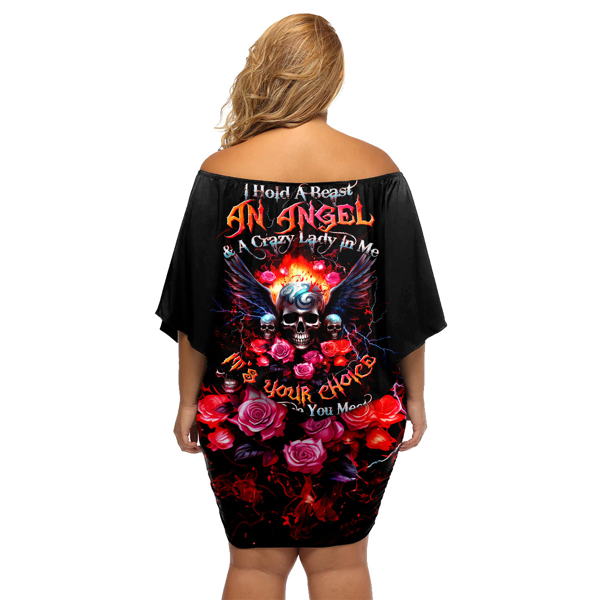 Rose Skull Family Matching Off Shoulder Short Dress and Hawaiian Shirt I Hold A Beast A Angel And A Crazy Lady In Me - Wonder Print Shop