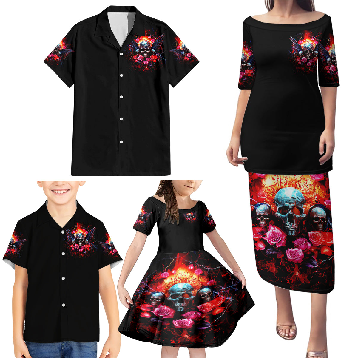 Rose Skull Family Matching Puletasi Dress and Hawaiian Shirt I Hold A Beast A Angel And A Crazy Lady In Me - Wonder Print Shop