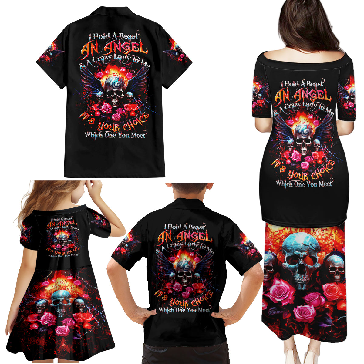 Rose Skull Family Matching Puletasi Dress and Hawaiian Shirt I Hold A Beast A Angel And A Crazy Lady In Me - Wonder Print Shop
