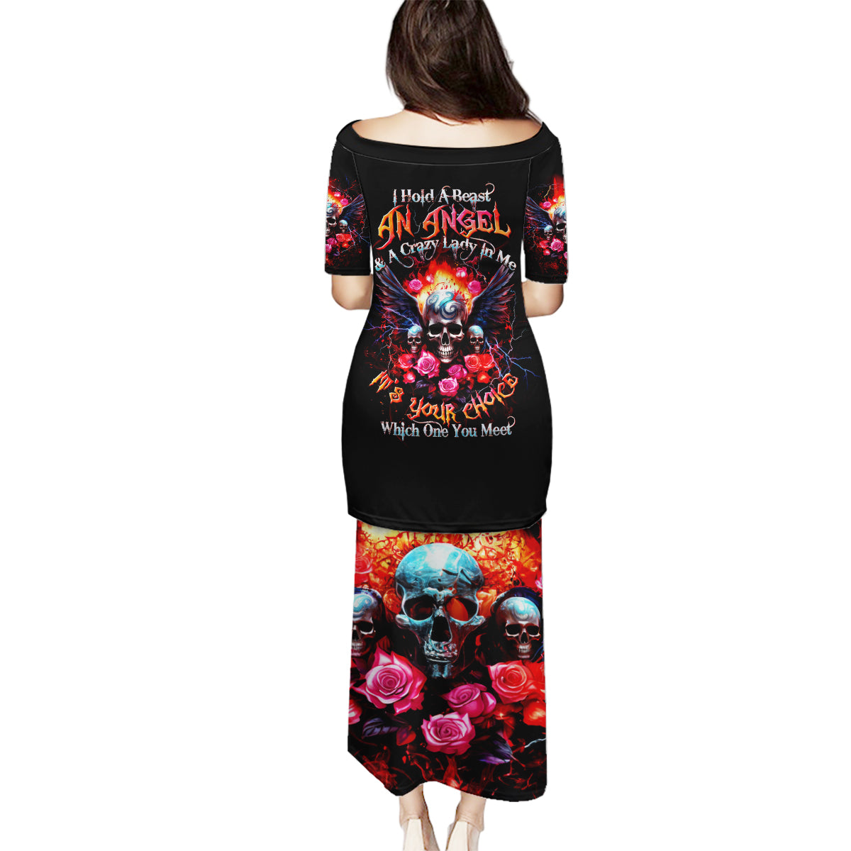 Rose Skull Family Matching Puletasi Dress and Hawaiian Shirt I Hold A Beast A Angel And A Crazy Lady In Me - Wonder Print Shop
